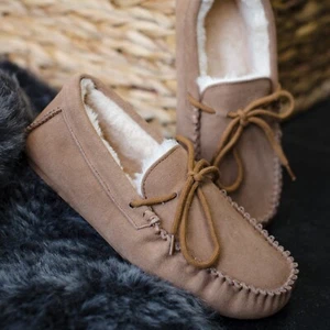 Ladies 'Susie' Lambswool Moccasin with Hard Sole - Chestnut - Picture 1 of 5
