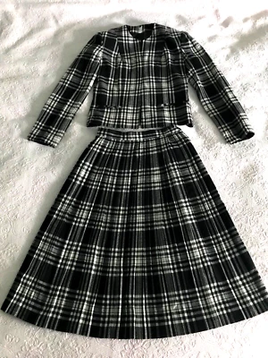 Винтажный 50/60 женщин шерсти клетку Твидовый черный/белый со складками юбка куртка комплект размер XS - Изображение 1 из 4