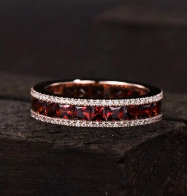 Unique Princess Cut Garnet &Moissanite Full Eternity Band Ring, Gift For Wedding - Image 1 of 4