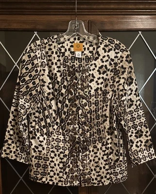 Ruby Rd. Animal Leopard Print Brown & Ivory 3/4 Sleeve Scoop Neck Blazer Size 8 - Image 1 of 4