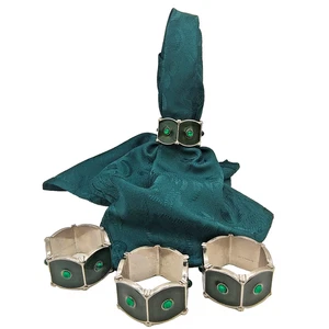 Art Deco Style Napkin Ring Set of 4 Silver Tone Green Enamel Cabochon Regal - Bild 1 von 9