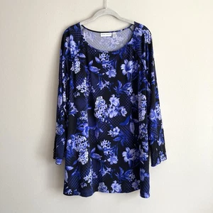 Susan Graver Womens Plus Size Liquid Knit Tunic Top Blue Floral Size 2X Stretchy - Picture 1 of 9
