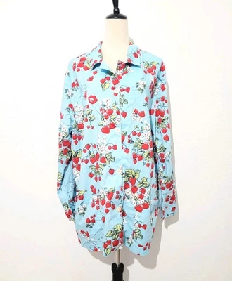 Nick & Nora Sleep Shirt Gown Size XXL Blue Strawberry Lips Print 100% Cotton  - Image 1 of 4