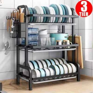 3 Tier Dish Drainer Rack with Drip Tray Cutlery Holder Plate Rack Kitchen Sink - Picture 1 of 18