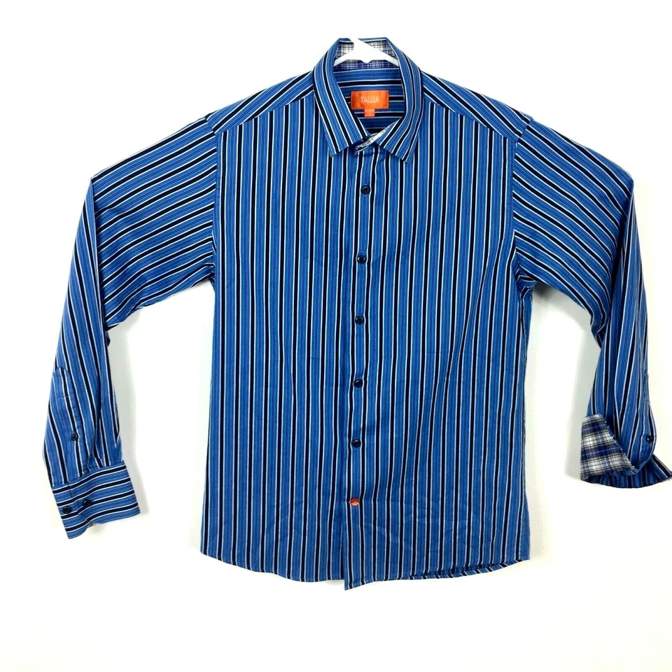 Camisa de Vestir Tallia Para Hombre Pequeña 14 1/2 Manga Larga Botón Delantero Azul Negro Rayas Foto 1 de 4