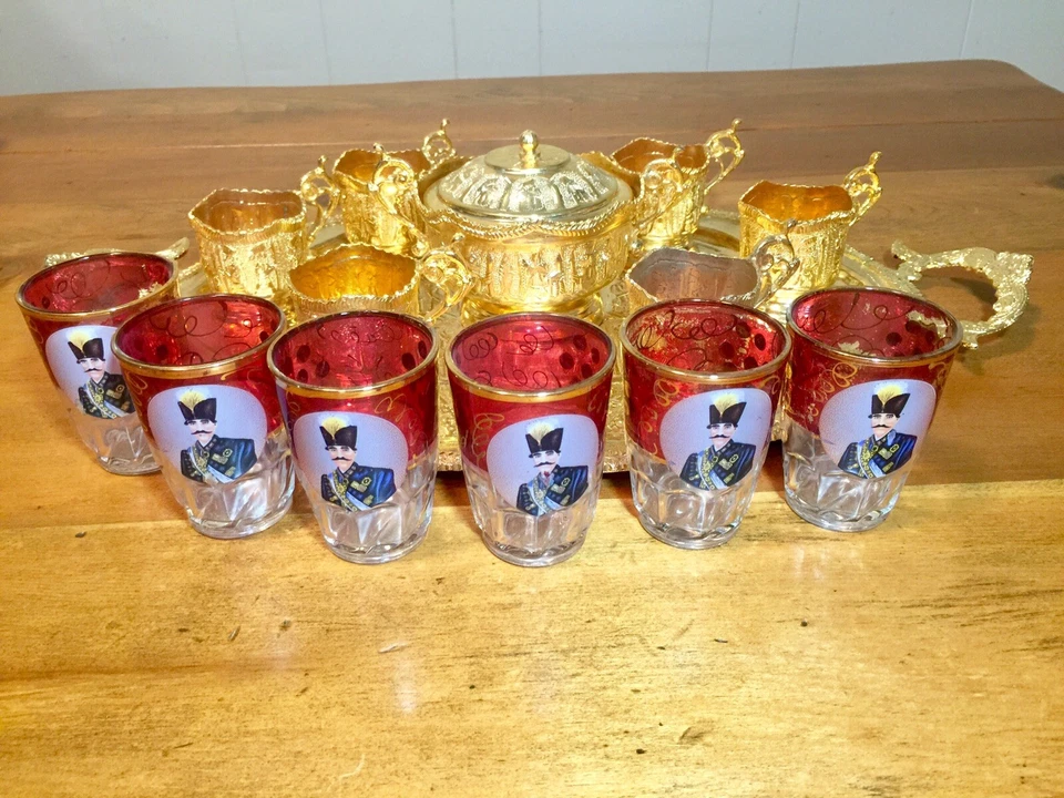 Juego de té turco de latón dorado arándano Glcoloc vidrio Kemal Atatürk bandeja plato de azúcar Foto 1 de 4