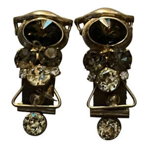 Vintage Women's Rhinestone Clip-On Two Tone Dangle Earrings Gold Silver - Picture 1 of 4