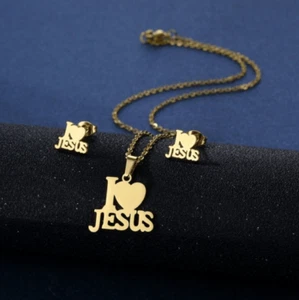"I Love Jesus" Gold Jewelry Set, Pendant Necklace & Stud Earrings, Christian - Picture 1 of 5