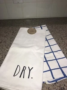 Rae Dunn DRY Towel Set of 2 Kitchen Dish Hand Towels 1 White 1 Blue Check New - Picture 1 of 4