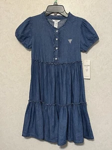 NWT $49 Guess Kids - Denim Tiered Dress - Logo, Buttons - Sz 14  - Picture 1 of 7
