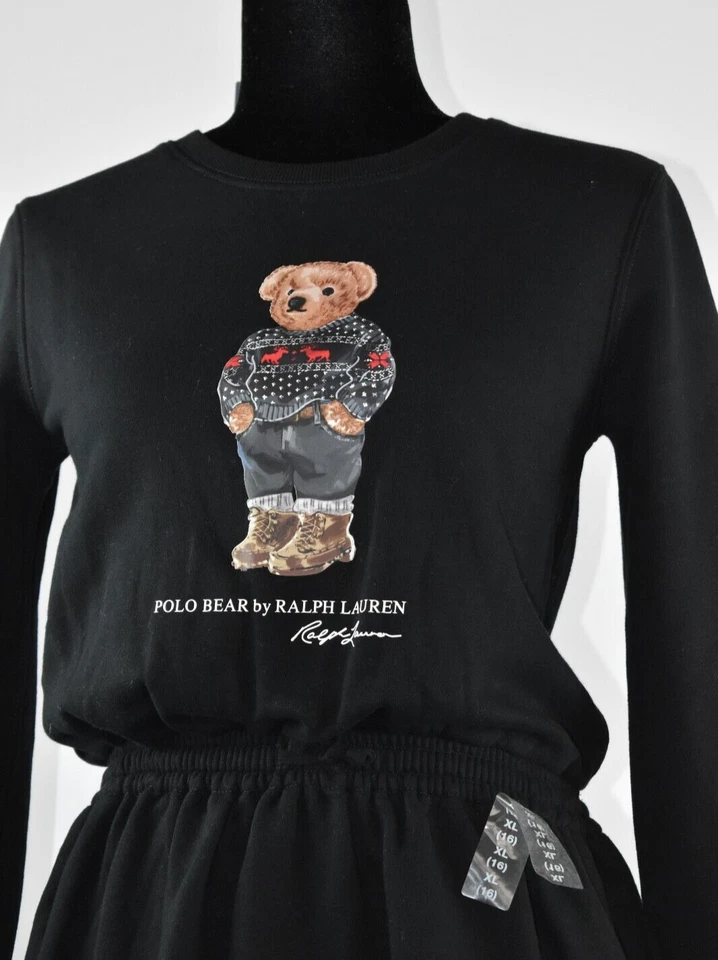 NWT Polo Ralph Lauren Sz XL 16 Girls Black Short Dress Bear Long Sleeves Pockets - Image 1 of 4