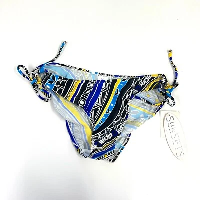 SUNSETS Bikini Bottoms Size S Swimwear Tie Blue Black Yellow Print - Image 1 of 4