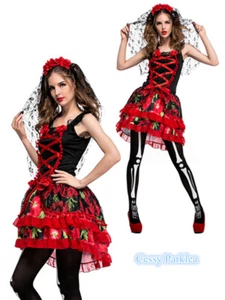 W-N4-2 Women Day Of The Dead Senorita Mexican Spanish Costume + Headpiece - Picture 1 of 7