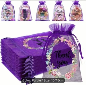 20- Purple Thank U Shree Organza Gift Bags 4"x6" with Floral Design &Drawstring - Picture 1 of 5