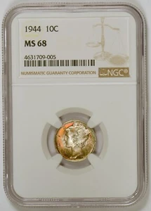 **TONED** 1944 Mercury Dime Silver Coin NGC Graded MS68 or Mint State 68 - Picture 1 of 6