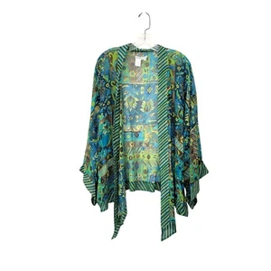 Coldwater Creek Open Kimono Topper Women's 2X 100% Silk Green Blue Floral - Picture 1 of 5