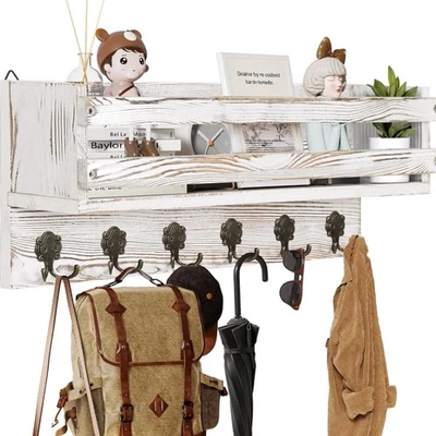 Garderobenleiste Holz 6 Doppelhaken 1 Ablage Wandgarderobe 58cm Landhausstil - Bild 1 von 4