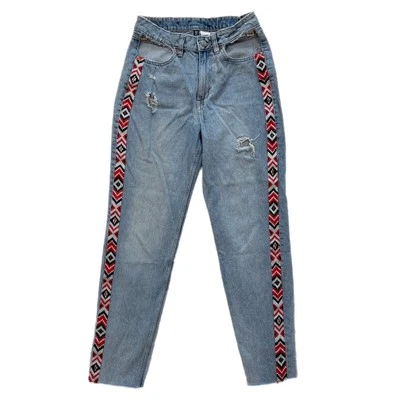 Jeans feminino H&M dividido mamãe fina 4 bordado angústia tornozelo bainha crua cintura alta - Imagem 1 de 4