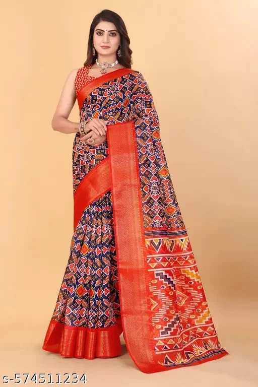 Mujer Patola Estampado Algodón Seda Sari con Borde Zari Puro y Contraste Correr Foto 1 de 1