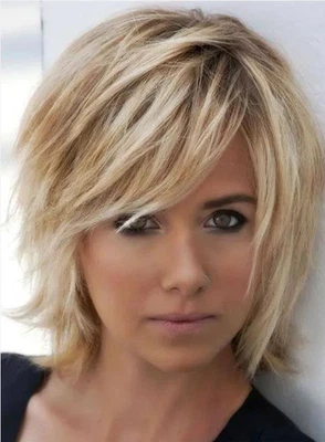 Человеческие волосы новые модные женские многослойные короткие светлые прямые полные парики 12 дюймов - Изображение 1 из 4