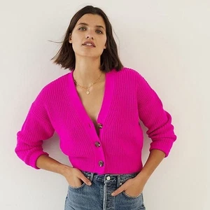 Maeve Sunny Cropped Chunky Cardigan in Fuchsia Hot Pink Anthropologie Medium $98 - Picture 1 of 10