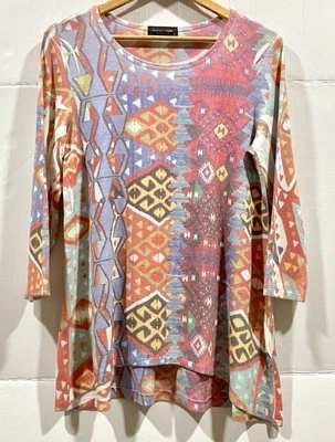 Katina Marie 束腰上衣女式 S 多色图形印花波西米亚美国制造 — 第 1/4 张图片