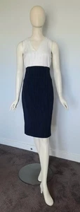 Taco Talla 10 Azul Marino Rayas Cintura Alta Retro Falda Lápiz Volantes Dobladillo Trasero - Imagen 1 de 13