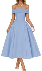 Cocktail Dress Light Blue M Elegant off Shoulder Short Sleeve Swing a Line - Picture 1 of 4