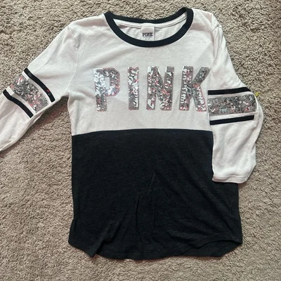 Y2K Victoria Secret Pink Long Sleeve Sequin Logo Shirt Size S Black & Grey - Image 1 of 2
