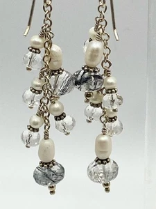 Sterling Silber 925 Perle, klar & turmalinierter Quarz Cluster Ohrhänger - Bild 1 von 6