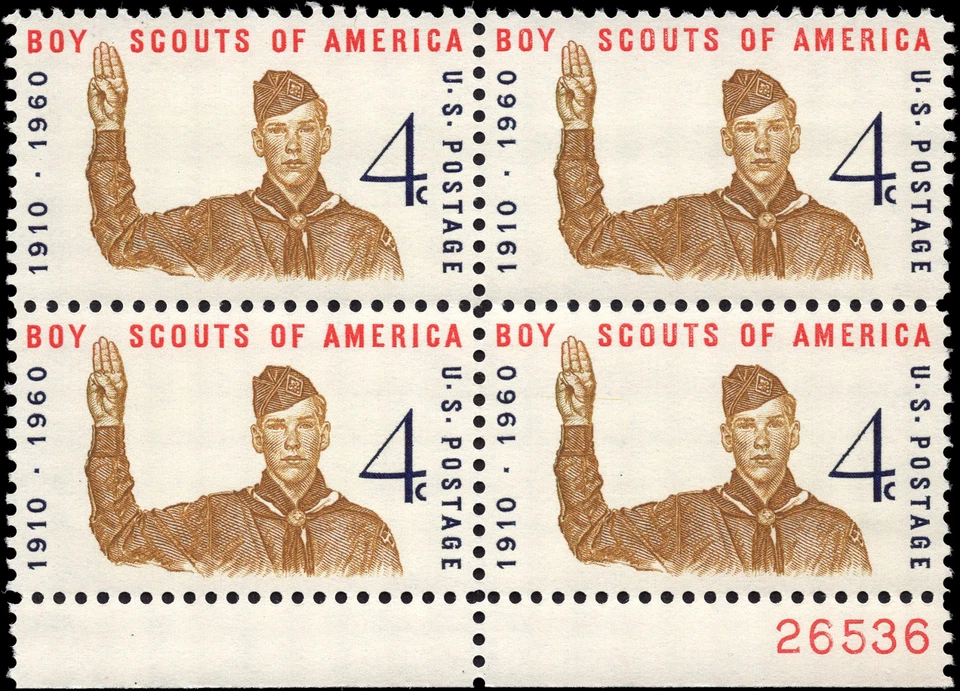 US Scott # 1145, Boy Scouts of America, Plate Block of (4) 1960 4¢ Stamps, MNH - Image 1 of 1