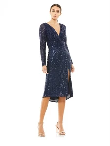 Ieena Mac Duggal 26555 Sleeve Sequin Faux Wrap Dress Sz 14 ($358) NavyMidnight - Picture 1 of 2