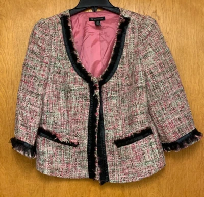Chaqueta de tweed INC International Concepts rosa verde menta con flecos grande para mujer Foto 1 de 4