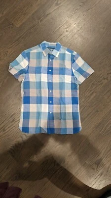 EUC Perry Ellis Principles Mens Blue Buffalo Check Shirt Fine Linen Blend Size S - Image 1 of 4