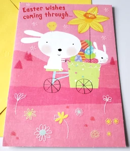Tarjeta de felicitación sello de Pascua conejos blancos brillantes narciso polluelo - Imagen 1 de 3