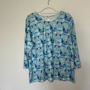 Lulu B Top 1X Blue Fish UPF 50+ Sun Protection Beach Crew Neck 3/4 Sleeve - Picture 1 of 8