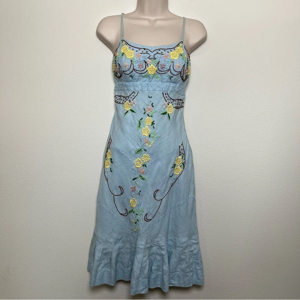 Y2K Sue Wong женщин льняное платье 4 Baby синий цветочный вышитый сарафан коттедж - Изображение 1 из 4