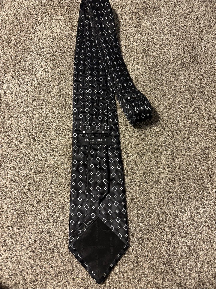 Enzo Bella Moda Italiana 100% шелк мужской галстук дизайнерский черный геометрический - Изображение 1 из 4