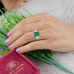 4.77 TCW Zambian Emerald SI/H Diamond Three Stone Promise Ring 14k White Gold - Picture 1 of 10