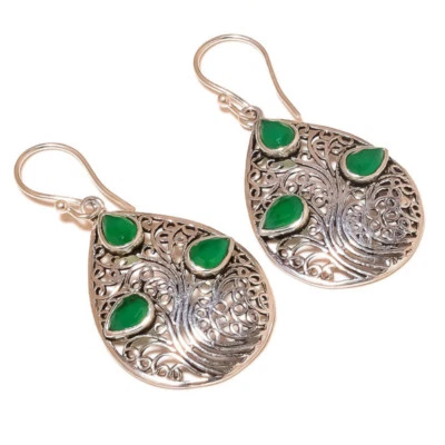 Russian Green Onyx Gemstone Silver Overly Handmade Filigree Drop Dangle Earring - Image 1 of 3