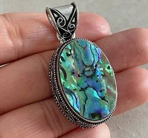 NATÜRLICHER OVALER ABALONE MUSCHEL 925 STERLINGSILBER ANHÄNGER 2" FILIGRAN HANDARBEIT - Bild 1 von 4