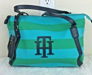 Tommy Hilfiger Women's Tote Bag 12" x 13" x 3.5" Blue Green Navy Zip Canvas