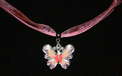 Collar Cinta Organza: Colgante Mariposa Esmalte Rosa Cristal Plata 17" Foto 1 de 3