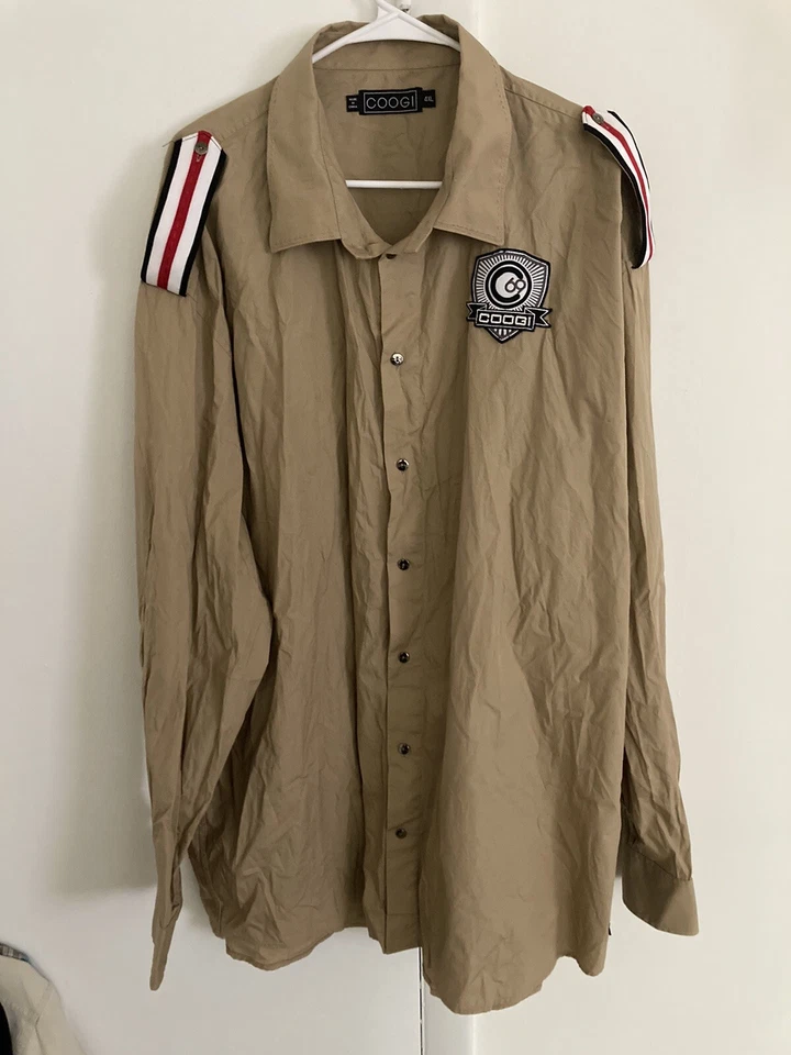 Coogi Embroidered Men’s Shirt Button-Up Epaulette Size 4XL Long Sleeve Tan Khaki - Image 1 of 4