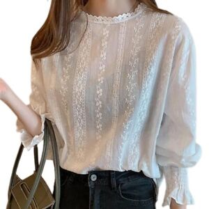 Lace Shirt Loose Tops Puff Sleeve Stand Collar Korean for Female Office Lady