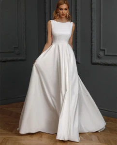 Simple Vestidos De Novia White Satin Wedding Dresses Bridal Gown For Brides Robe - Picture 1 of 7