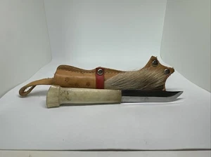 Vintage Finnish Puukko Nordic Reindeer Antler Handle Sami Knife & Fur Sheath - Picture 1 of 14