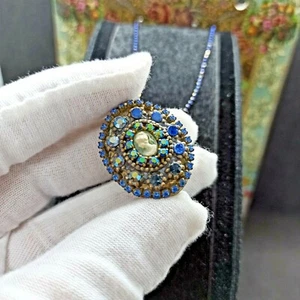 Michal Negrin Locket Pendant Necklace Blue Long Cabochon Cameo Crystals Gift New - Picture 1 of 12