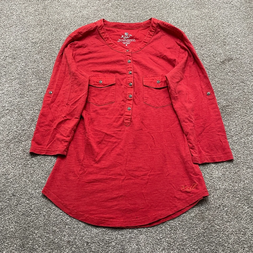 Camisa Kuhl Mediana Roja Cuello Henley Algodón Orgánico Blusa Manga Larga Damas LEER Foto 1 de 4