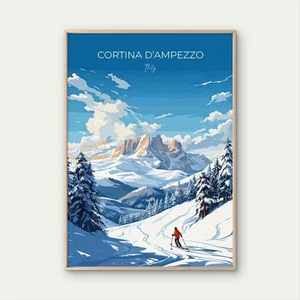 Cortina d'Ampezzo  Vibrant Winter Ski Scene Travel Poster Print Wall Art - Bild 1 von 2